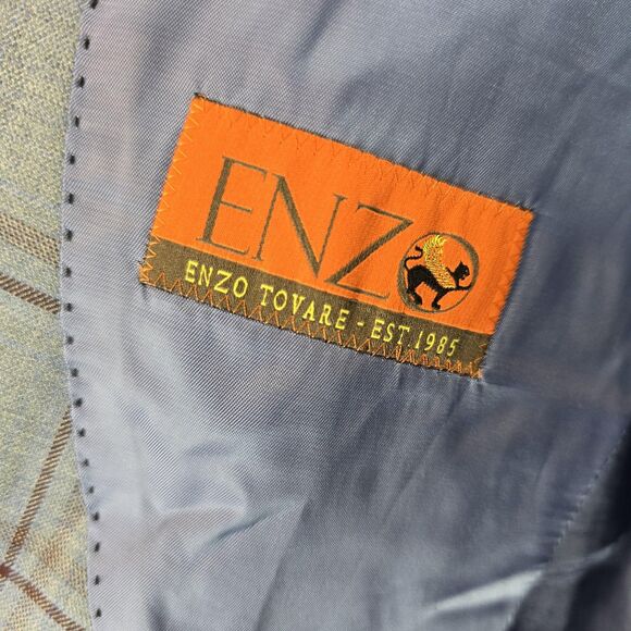 Enzo Tovare Blazer Sport Coat Mens 46R Blue Gray Plaid Wool Two Button Vented - Picture 9 of 16